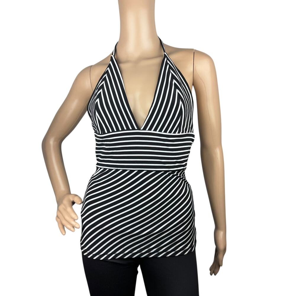 Mei Mei Women's Black White Stripes Plunging V-Neck Halter Top Size S